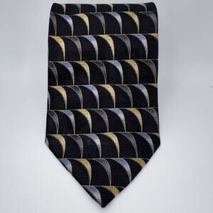 Fabio Fazio Silk Tie Wide Geometric Black Gold Blue Handmade Excellent